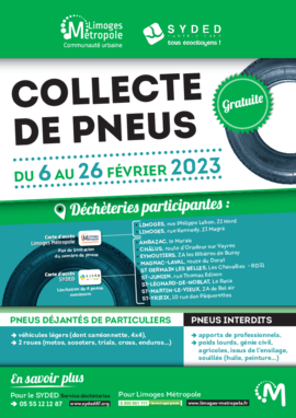 Affiche opération collecte de pneus 2023 Limoges Métropole, texte blanc et noir sur fond. vert - Agrandir l'image (fenêtre modale)