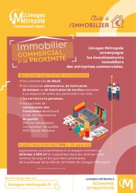 Flyer 2024 sur l'aiide à l'immobilier pour les entreprise commerciales proposées pas Limoges Métropole 