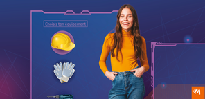 Image campagne de recrutement apprentis Limoges Métropole jeune fille casque jaune gants, perceuse : choisi ton équipement