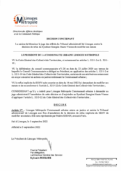 Décision concernant la saisine de Monsieur le juge des référés du Tribunal administratif de Limoges contre la décision de refus du Syndicat Energies Haute-Vienne de modifier ses statuts