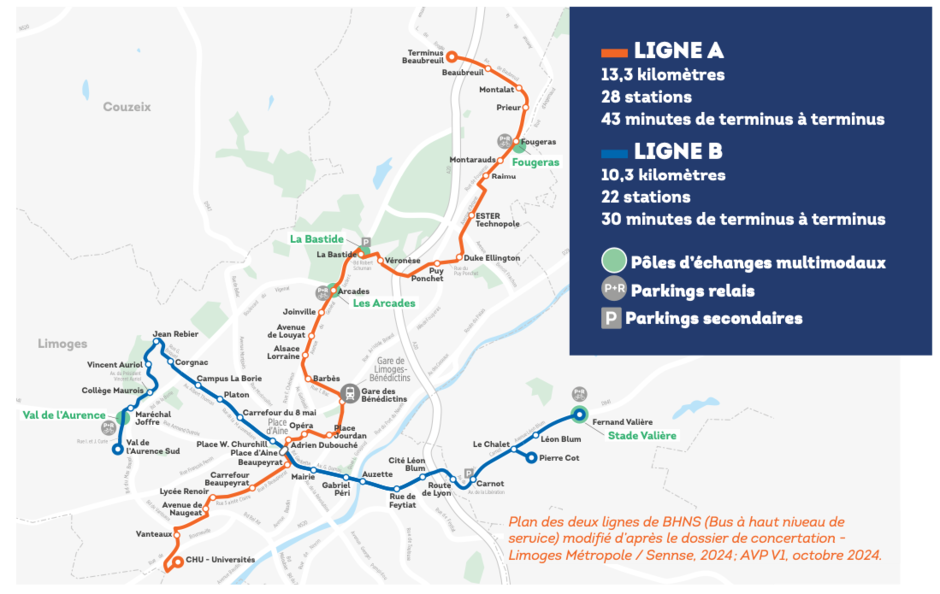 Plan des deux lignes de Bus à Haut Niveau de Service - BHNS (modifié d'après le dossier de concertation - Limoges Métropole / Sennse 2024) - Agrandir l'image (fenêtre modale)