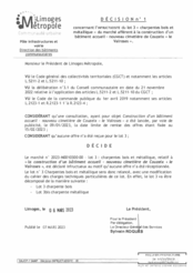 Décision n°1 concernant l'infructuosité du lot 3 « charpentes bois et métallique » du marché afférent à la construction d'un bâtiment accueil - nouveau cimetière de Couzeix « le Valroses »